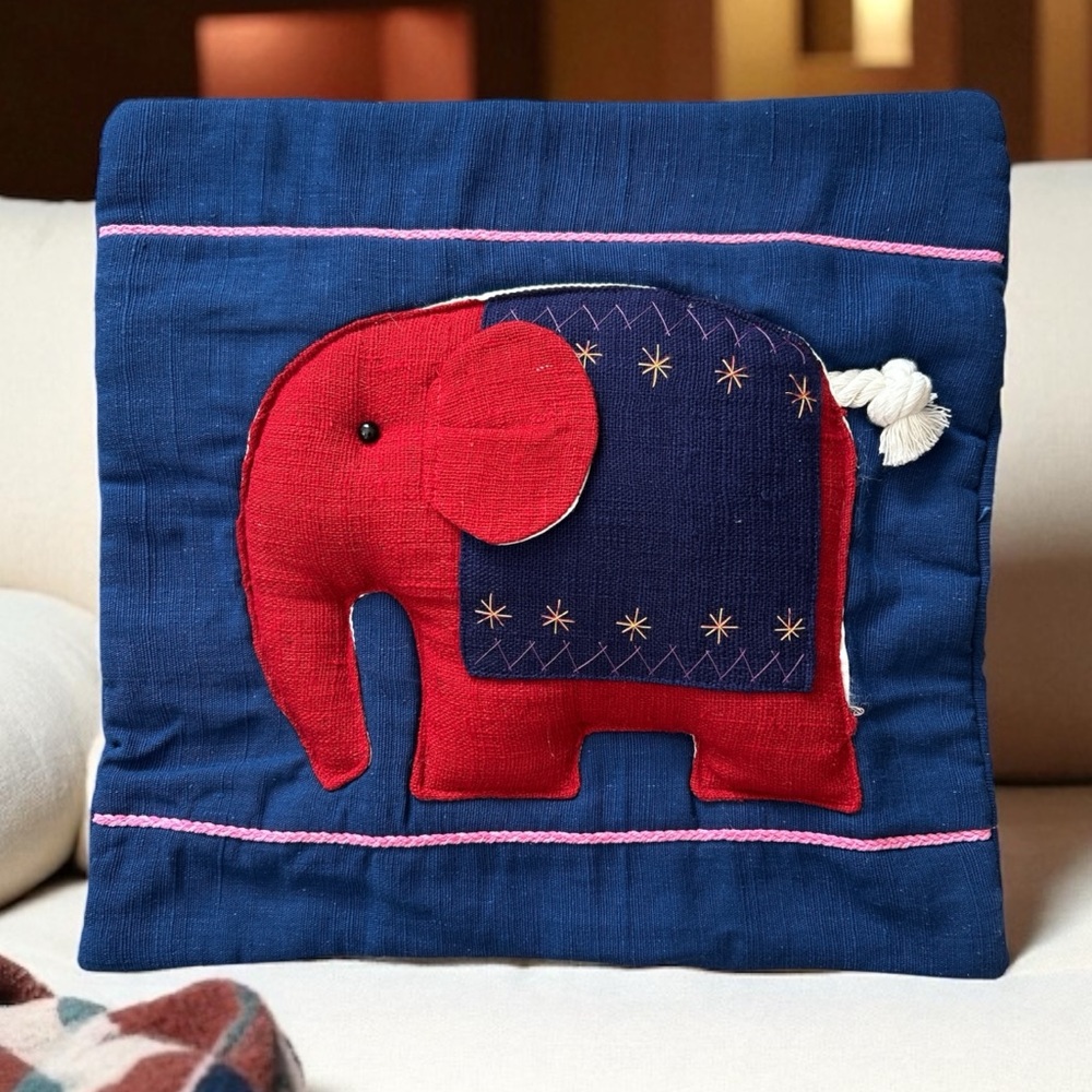Decorative Puffy Elephant Applique Throw Pillow Cover